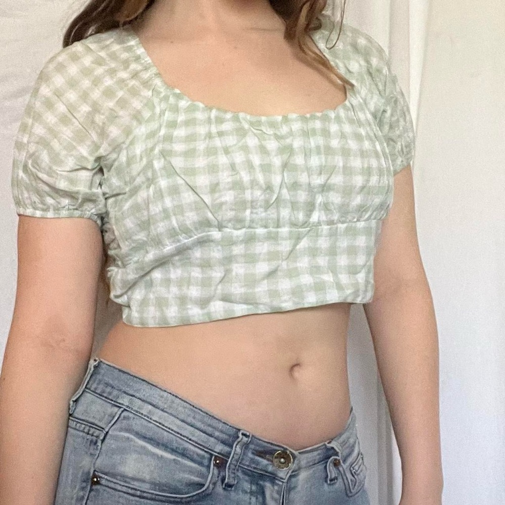 summer cottagecore pastel green and white gingham crop top